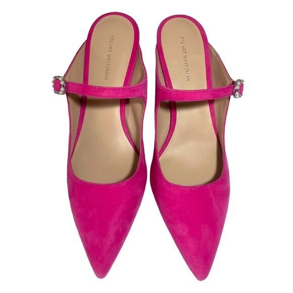 STUART WEITZMAN Women's Fuchsia Hot Pink Suede Heeled Mules Beaded Buckle 8.5 - Picture 3 of 12